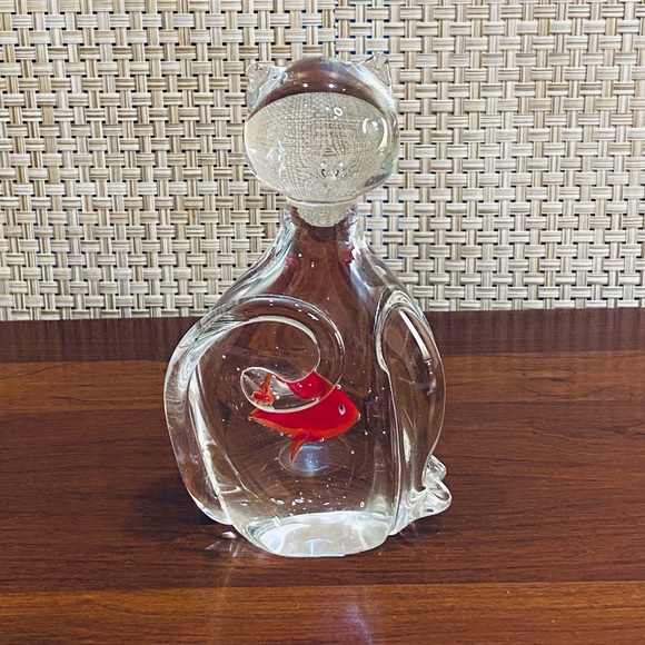 VTG 1980s Murano Glass Cat and Goldfish Paperweight Figurine